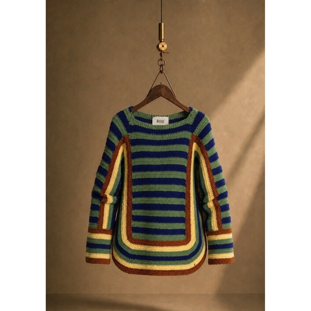 BODE Four Stripe Crochet Sweater Green M/L Unisex 100% Merinoโ Wool Peru